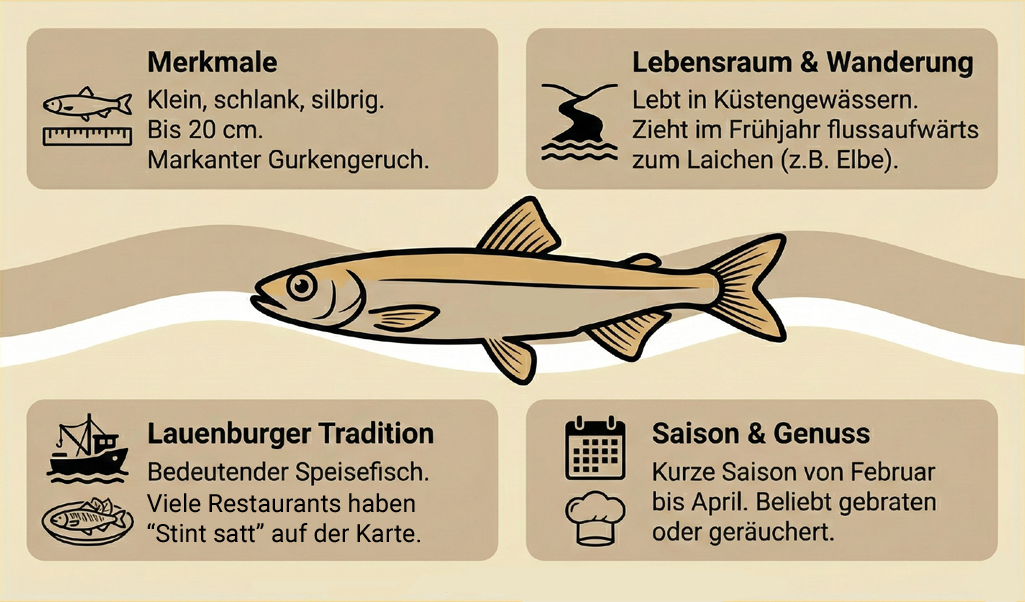 Infografik: Stint (Osmerus eperlanus) in der Elbe vor Lauenburg Infografik: Stint in Lauenburg